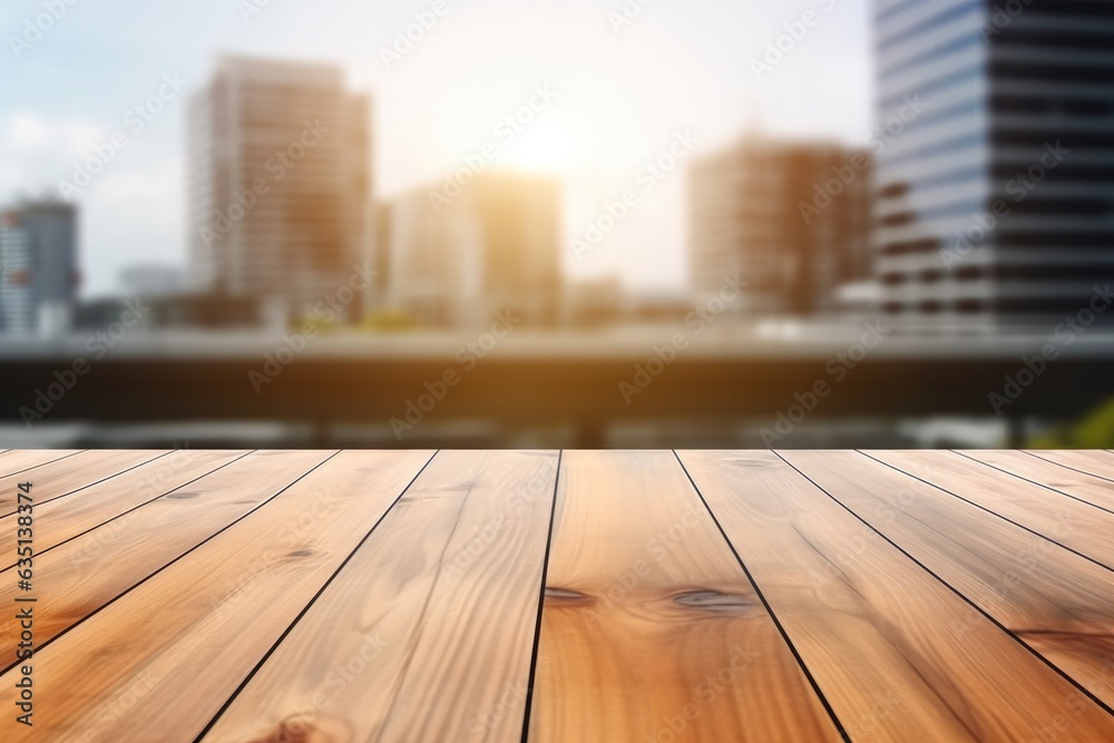 Poster Empty wood table top on blurred of office building background.