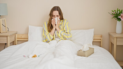 Young blonde woman sitting on bed being sick at bedroom