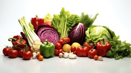Fresh vegetable ingredients for salad on white background, Vegetarian nutrition concept, Health conscious layout.