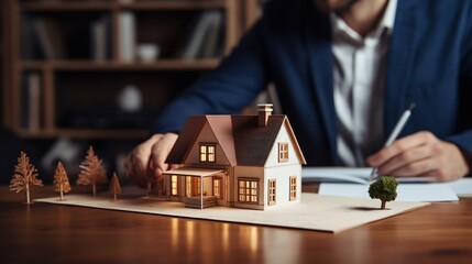 Man Contemplating Mortgage with House Model at Bank. Generative ai