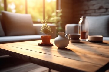 Fototapeta na wymiar Wooden table top of cozy living room at modern home.