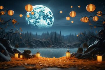 Illustration of Chinese lanterns over water against a full moon background, mid-autumn day