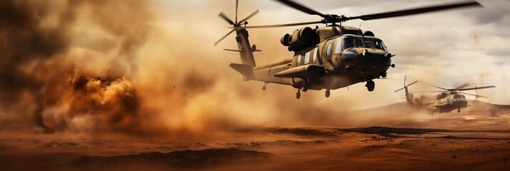 Helicopters Execute Military Landing in Desert Chaos. Generative ai