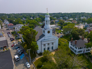 First Congregational Church aerial view at 22 Main Street in historic town center of Rockport,...