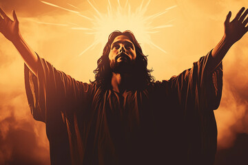 A close-up of Jesus' silhouette with hands raised, evoking a sense of spiritual guidance and upliftment 