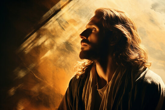 A close-up of Jesus' silhouette in prayerful contemplation, a scene of serenity and connection 