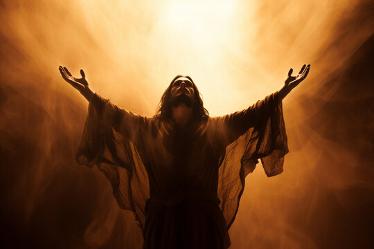 A close-up of Jesus' silhouette with hands raised, evoking a sense of spiritual guidance and upliftment 