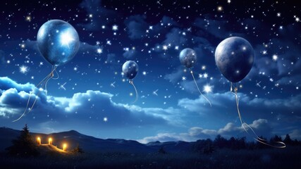 Stars and colorful balloons in the night sky depicting birthday dreamscape, layout for birthday wishes and celebration background with copy space for text