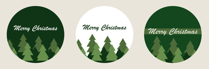 Set of round christmas stickers. Cute holiday christmas card with fir trees. Holiday pattern