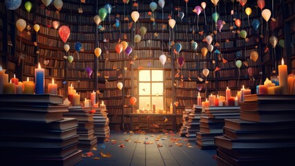 Library scene with books and a birthday message for a chapter-filled year, layout for birthday wishes and celebration background with copy space for text