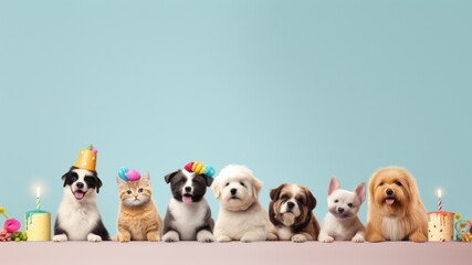 Animal themed wallpaper with cute pets and candles on blue background forbirthday greetings, layout for birthday wishes and celebration background with copy space for text