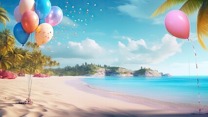 Topical paradise birthday theme, colorful balloons are flying over the beach, layout for birthday wishes and celebration background with copy space for text - obrazy, fototapety, plakaty