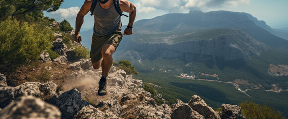 a very athletic man runs up a mountain. trail runner in the alps.