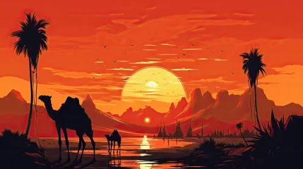 Poster creative illustration of camel at a water spring in the desert with red sky and a sunset. © jr-art