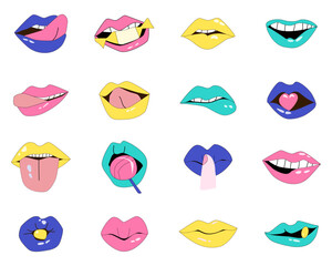 trendy set of lips in a pop art style 90s