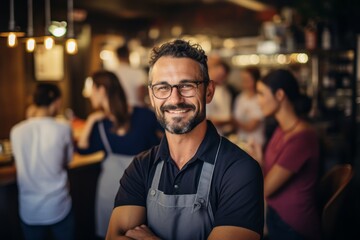 Fototapeta premium Portrait of a owner with his staff at a restaurant and looking at the camera smiling. Generative AI