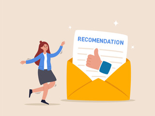 Recommendation letter concept. Education reward. Appreciation document for apply new job, experience or qualification guarantee, happy businesswoman with recommendation letter in email envelope.