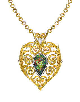 Jewelry design vintage heart set with black opal gold pendant hand drawing and painting on paper.