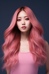 Naklejka premium Portrait of a pretty Asian woman with long pink hair looking into the camera, confident