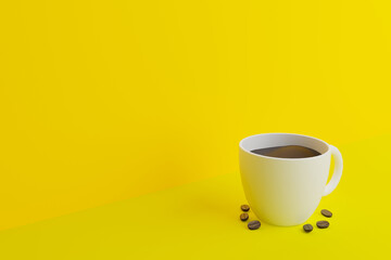 white coffee cup on yellow background.3drender.