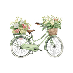 Fototapeta na wymiar Vector watercolor Bicycle with a basket full of flowers. Trendy romantic vintage sticker isolated on white background