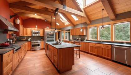 Kitchen interior in a wooden house with high ceilings and beams.