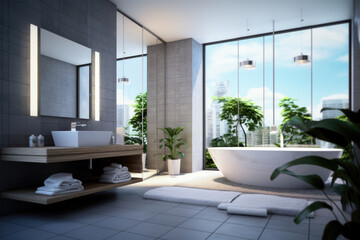 Bathroom with panoramic window in modern style