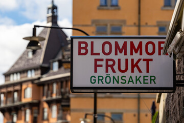 Stockholm, Sweden A sign in Swedish says: Flowers, Fruit, Vegetables in English translation.