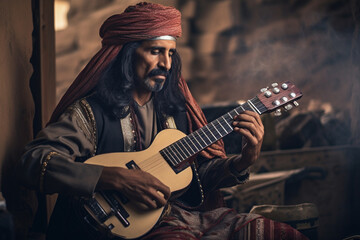 An engaging shot of a musician playing traditional instruments from the Middle East, evoking the sounds and melodies of that region  - obrazy, fototapety, plakaty
