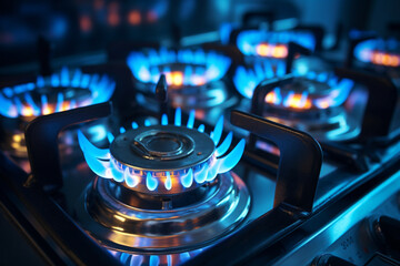 gas stove burns with blue flame close up  - obrazy, fototapety, plakaty