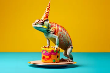 Foto op Aluminium close-up of a chameleon in a birthday outfit against a bright background © IOLA