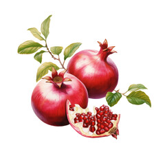 Botanical illustration of pomegranate with branch leaves in retro style, PNG. Generative AI