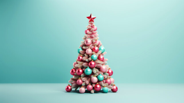 Festive Christmas tree with ornaments decoration on light teal background. Happy winter holidays concept