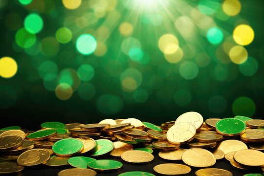 Gold coins on a green background, St. Patrick's Day celebration
