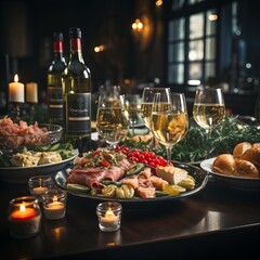Christmas dinner table full of dishes with food and snacks, New Year's decor with a Christmas tree in the background, menu for the holiday