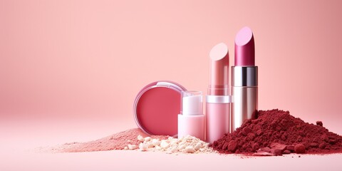 cosmetic products on pink background lipstick cream powder eyeshadow women fashion makeup products