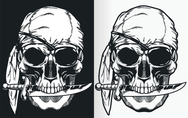 Vintage pirate skull with knife silhouette