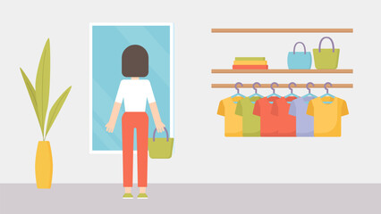 Female character on shopping vector. Clothing shop flat style. Wardrobe or clothes boutique modern illustration. 