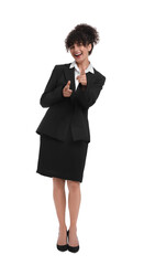 Beautiful emotional businesswoman pointing at something in suit on white background