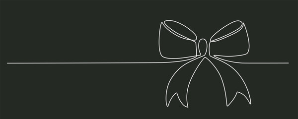 Tied ribbon bow hand drawing one line. Vector stock illustration isolated on black background for design template Christmas, Birthday greeting card, invitation or presentation. Editable stroke.