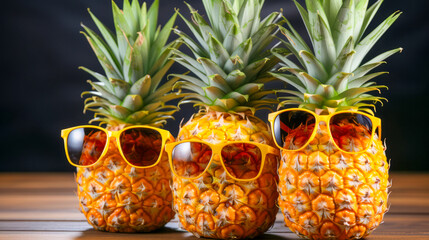 Funny tropical exotic fruit - pineapple pineapple fruit with sunglasses. Pineapple with sunglasses. Tropical summer vacation concept. Family holiday. Generative AI.