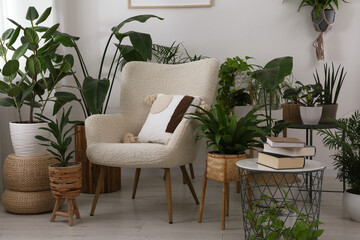 Stylish room with comfortable armchair and beautiful houseplants. Interior design