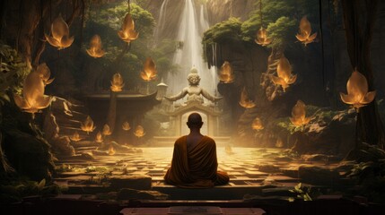 A monk meditating in the lotus position in front of golden Buddhas. AI generative.