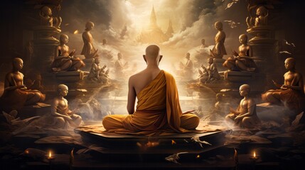 A monk meditating in the lotus position in front of golden Buddhas. AI generative.