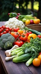 Large selection of healthy fresh organic fruits and vegetables shot on dark wooden table.