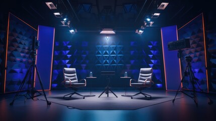 The modern podcast and streaming studio with led panels background for working and recording.