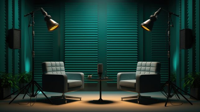The modern podcast and streaming studio with led panels background for working and recording.