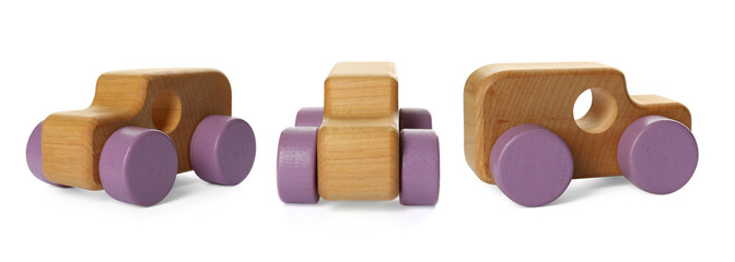 Wooden car isolated on white, different angles. Collage design with children's toy