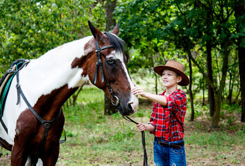 Fototapeta premium little handsome blonde smiling boy in red checkered shirt and cowboy brown hat walking and hugging horse in green forest on sunny day 