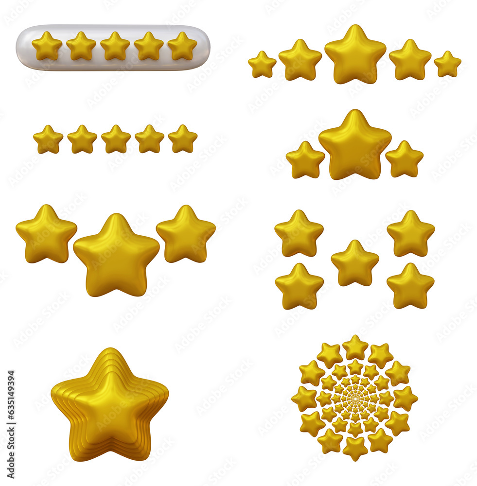 Poster set of golden stars design in 3d rendering isolated on transparent background for customer product r